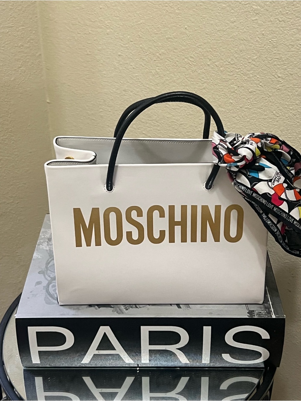 Moschino White Tote with Gold Logo and Black Handles